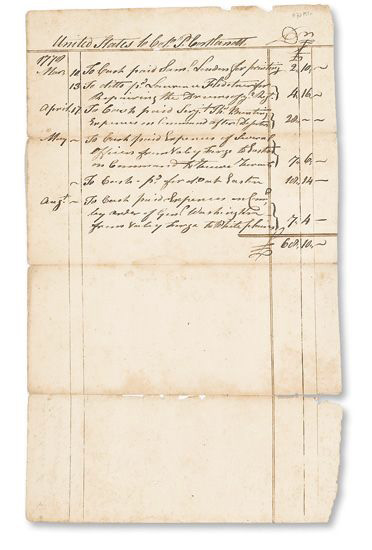 (AMERICAN REVOLUTION--1779.) List of expenses incurred by Colonel Philip Van Cortlandt at Valley Forge.